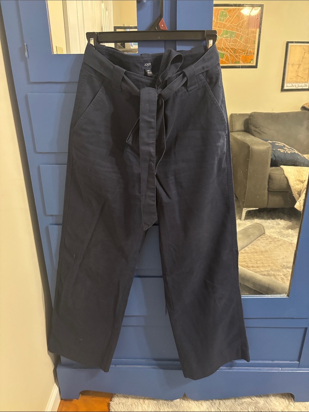 J. Crew Factory 4P Twill Wide-Leg Tie-Waist Trousers in Dark Navy